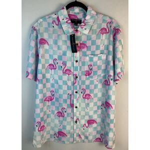 Margaritaville Flamingo Checkered Short Sleeve Button Up Shirt Small Aloha Shirt